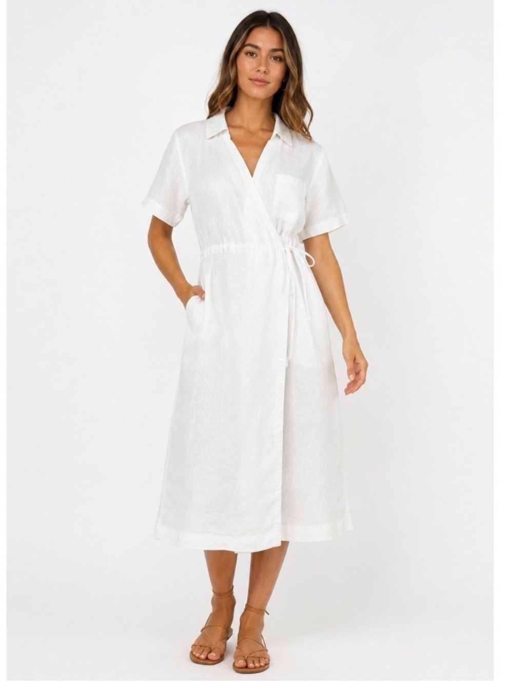 Athleta Playa Wrap Dress White 100% Linen Midi size 6